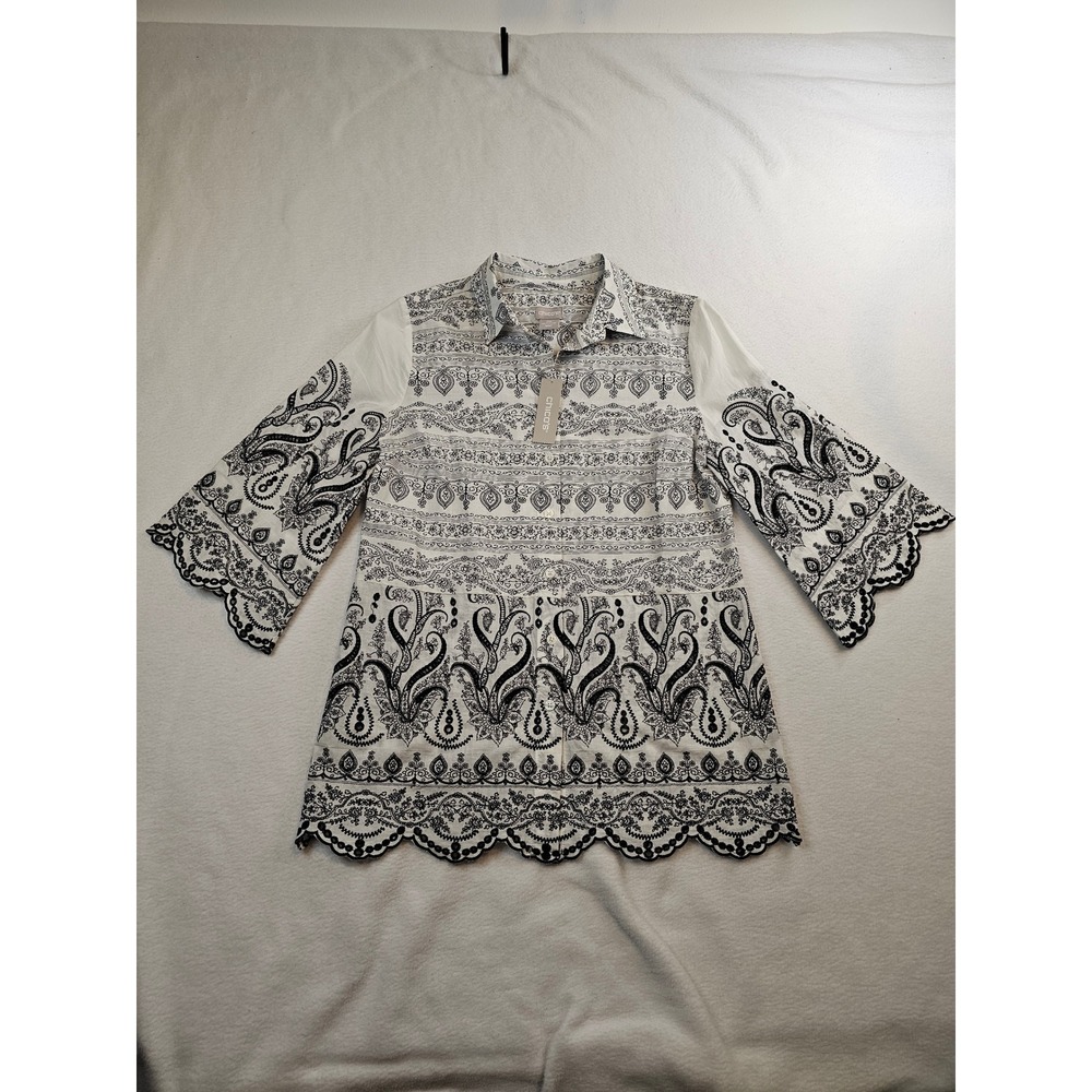 Chicos Printed Eyelet Shirt Black Ecru Paisley Woven Top 0P Petite 4 or S petite